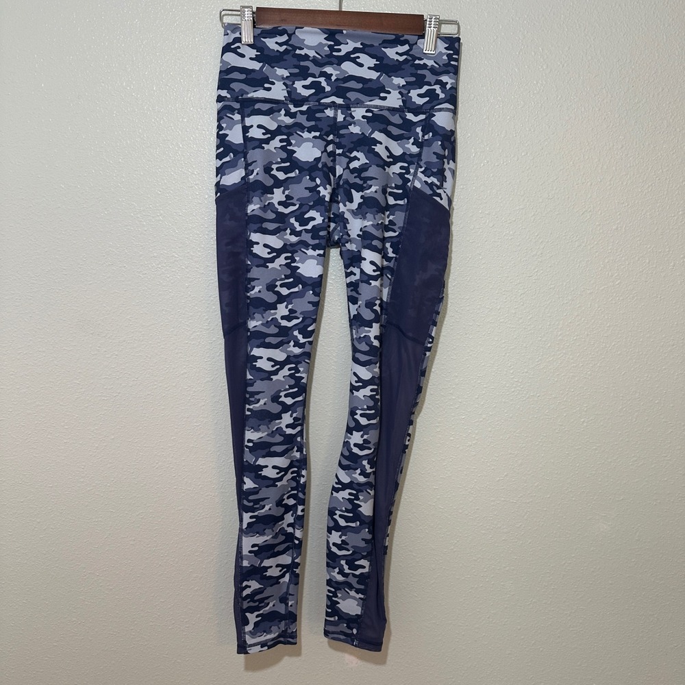 Fabletics PowerHold High Rise Camo Mesh Pocket Leggings Blue Grey